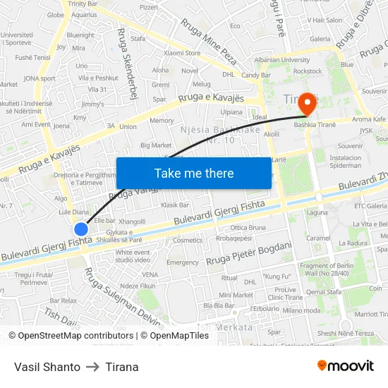 Vasil Shanto to Tirana map