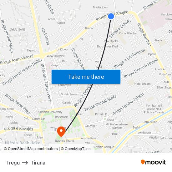 Tregu to Tirana map