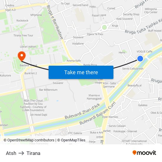 Atsh to Tirana map