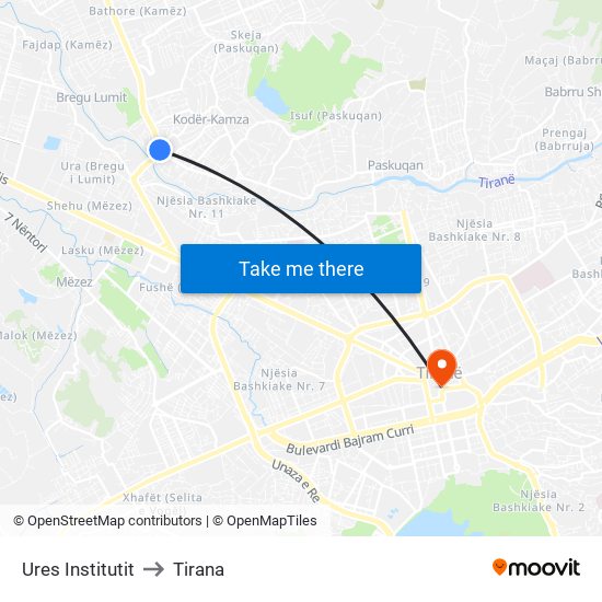 Ures Institutit to Tirana map