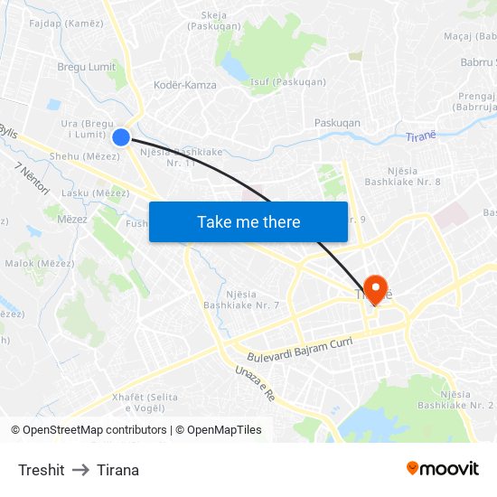 Treshit to Tirana map