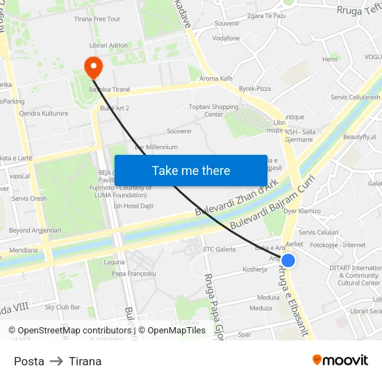 Posta to Tirana map