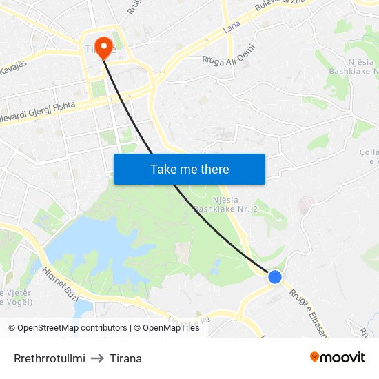 Rrethrrotullmi to Tirana map