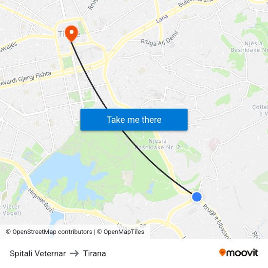 Spitali Veternar to Tirana map