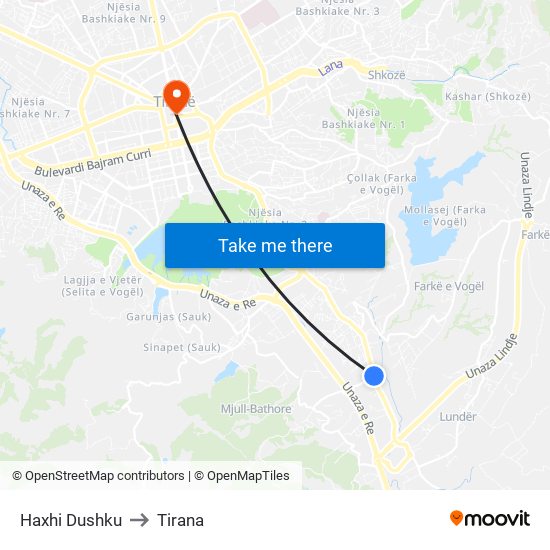 Haxhi Dushku to Tirana map