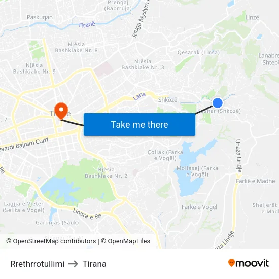 Rrethrrotullimi to Tirana map