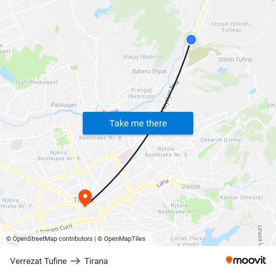 Verrezat Tufine to Tirana map