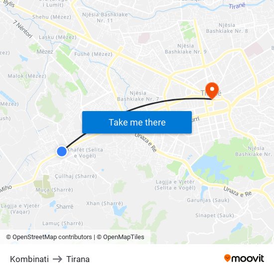 Kombinati to Tirana map