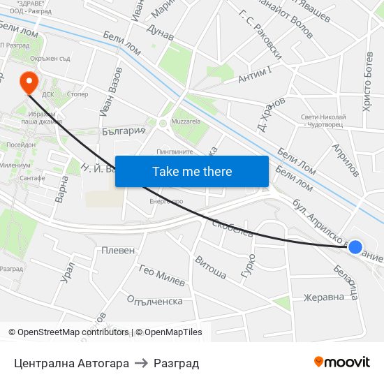 Централна Автогара to Разград map