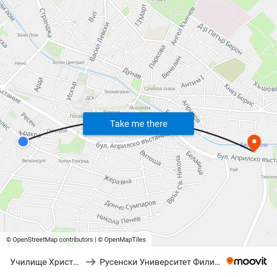 Училище Христо Ботев to Русенски Университет Филиал Разград map