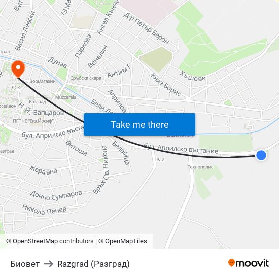 Биовет to Razgrad (Разград) map