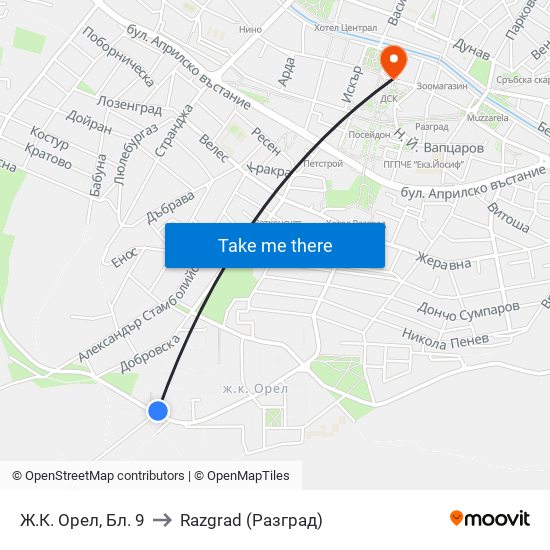 Ж.К. Орел, Бл. 9 to Razgrad (Разград) map