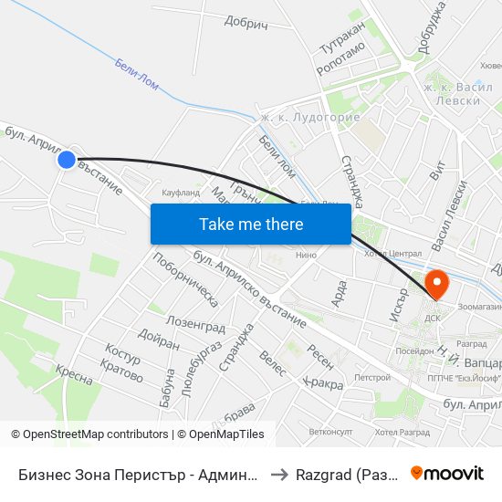 Бизнес Зона Перистър - Администрация to Razgrad (Разград) map