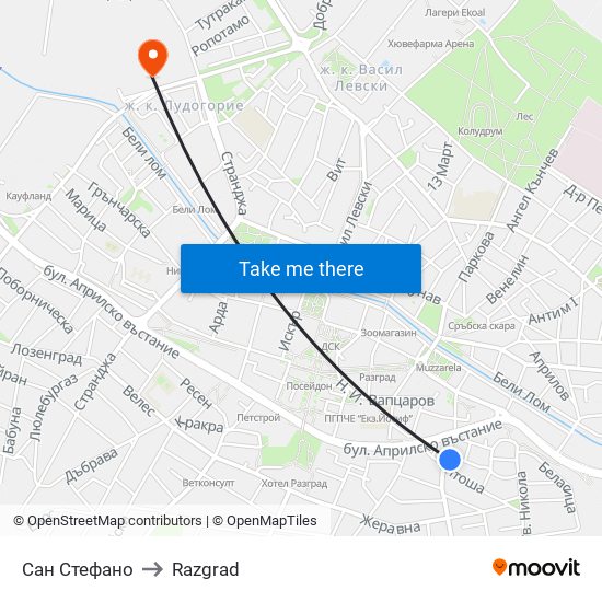 Сан Стефано to Razgrad map