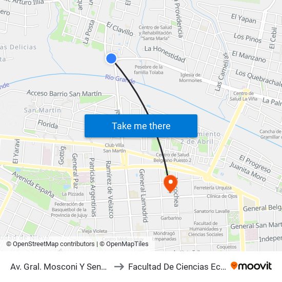 Av. Gral. Mosconi Y Senador Pérez to Facultad De Ciencias Económicas map