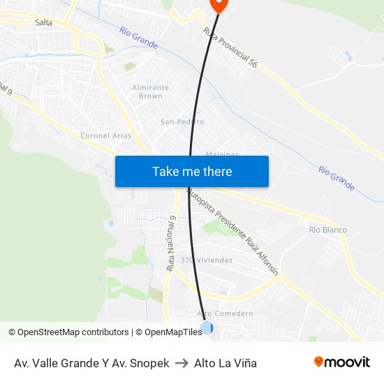 Av. Valle Grande Y Av. Snopek to Alto La Viña map