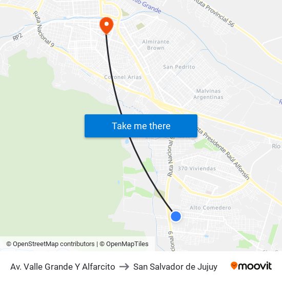 Av. Valle Grande Y Alfarcito to San Salvador de Jujuy map