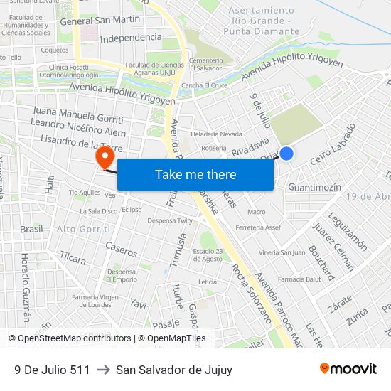 9 De Julio 511 to San Salvador de Jujuy map