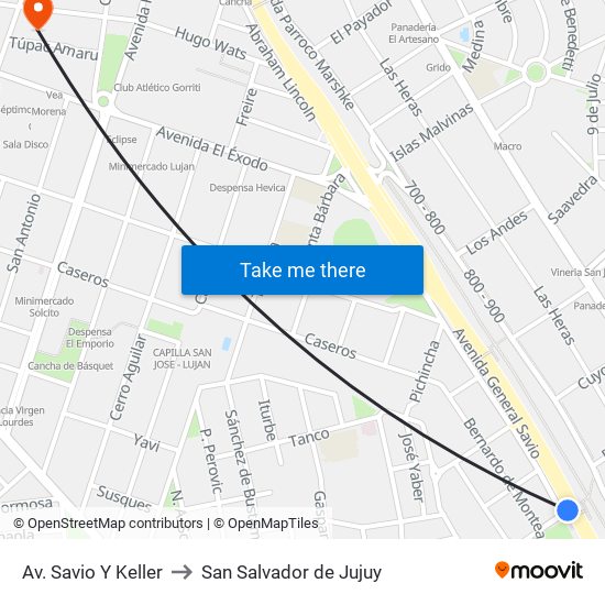 Av. Savio Y Keller to San Salvador de Jujuy map
