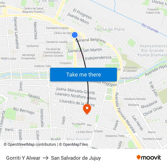 Gorriti Y Alvear to San Salvador de Jujuy map