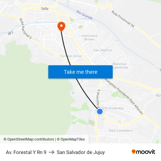 Av. Forestal Y Rn 9 to San Salvador de Jujuy map