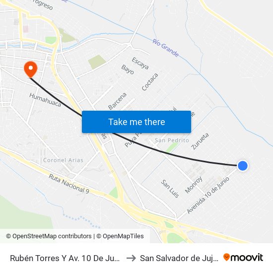 Rubén Torres Y Av. 10 De Junio to San Salvador de Jujuy map