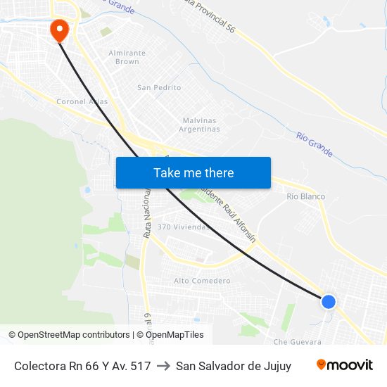 Colectora Rn 66 Y Av. 517 to San Salvador de Jujuy map