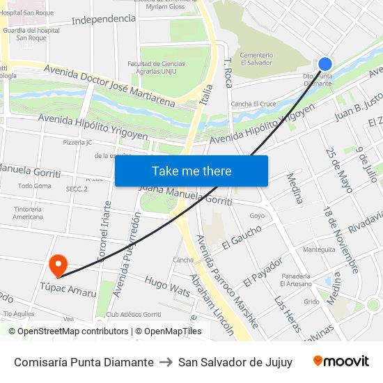 Comisaría Punta Diamante to San Salvador de Jujuy map