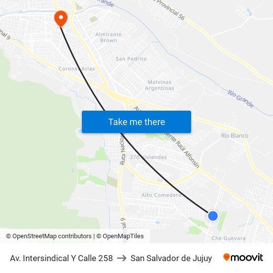 Av. Intersindical Y Calle 258 to San Salvador de Jujuy map