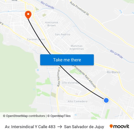 Av. Intersindical Y Calle 483 to San Salvador de Jujuy map