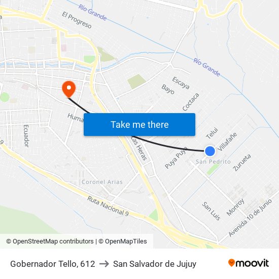 Gobernador Tello, 612 to San Salvador de Jujuy map