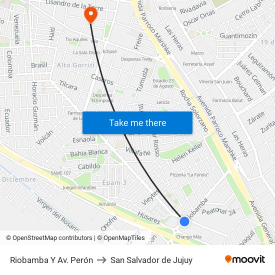 Riobamba Y Av. Perón to San Salvador de Jujuy map