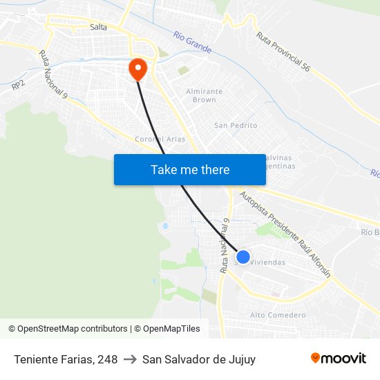 Teniente Farias, 248 to San Salvador de Jujuy map
