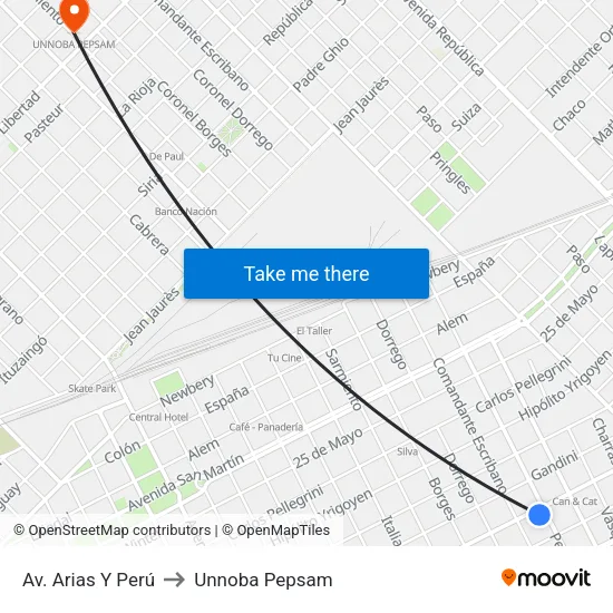 Av. Arias Y Perú to Unnoba Pepsam map