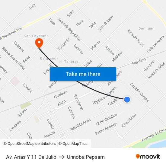 Av. Arias Y 11 De Julio to Unnoba Pepsam map