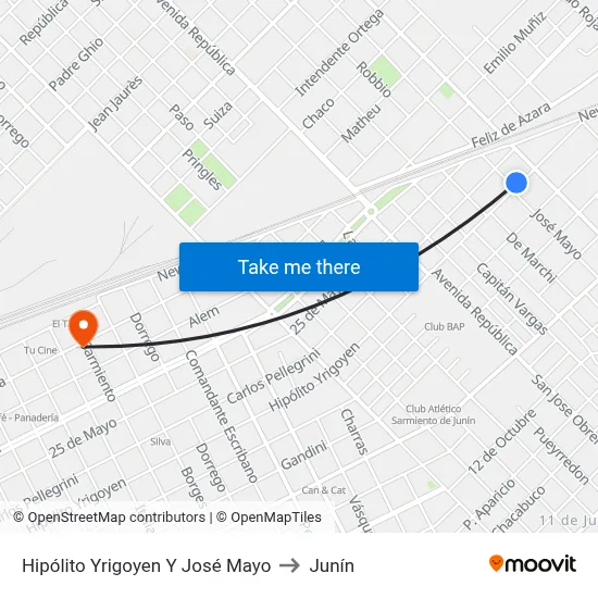 Hipólito Yrigoyen Y José Mayo to Junín map