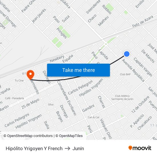Hipólito Yrigoyen Y French to Junín map