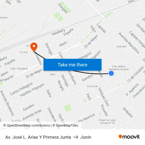 Av. José L. Arias Y Primera Junta to Junín map