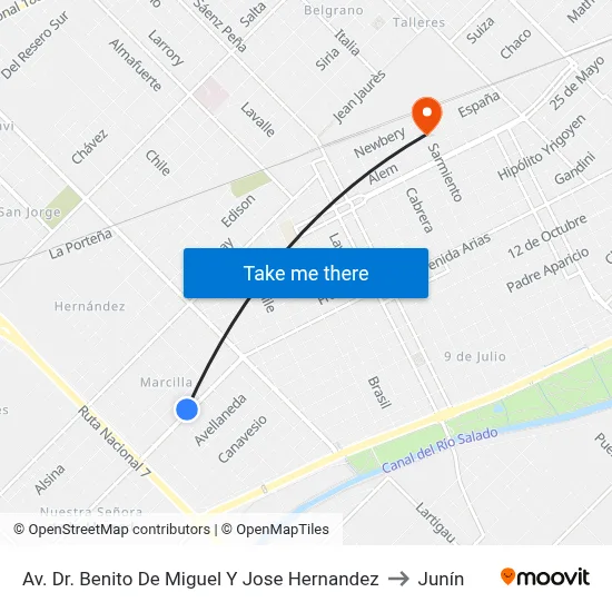 Av. Dr. Benito De Miguel Y Jose Hernandez to Junín map