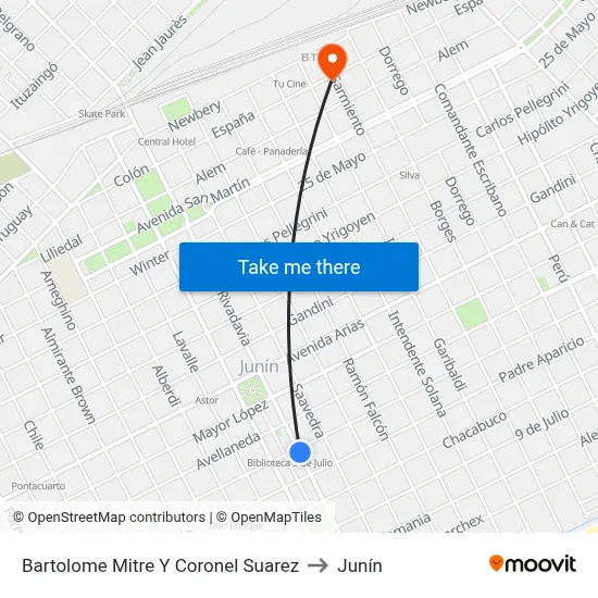 Bartolome Mitre Y Coronel Suarez to Junín map