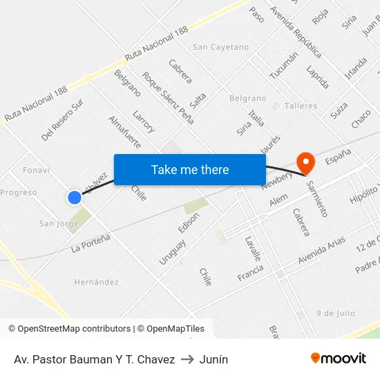 Av. Pastor Bauman Y T. Chavez to Junín map