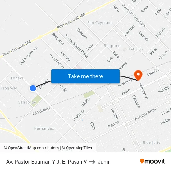 Av. Pastor Bauman Y J. E. Payan V to Junín map