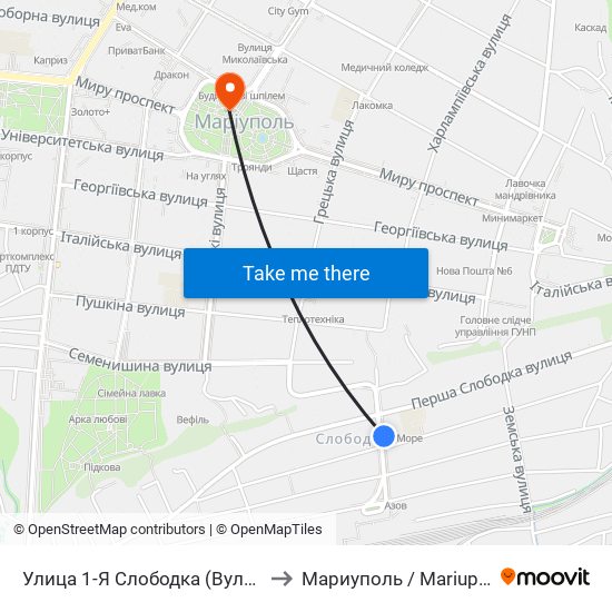 Улица 1-Я Слободка (Вулиця 1-А Слободка) to Мариуполь / Mariupol (Маріуполь) map