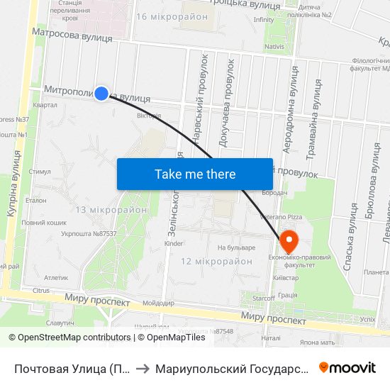 Почтовая Улица (Поштова Вулиця) to Мариупольский Государственный Университет map