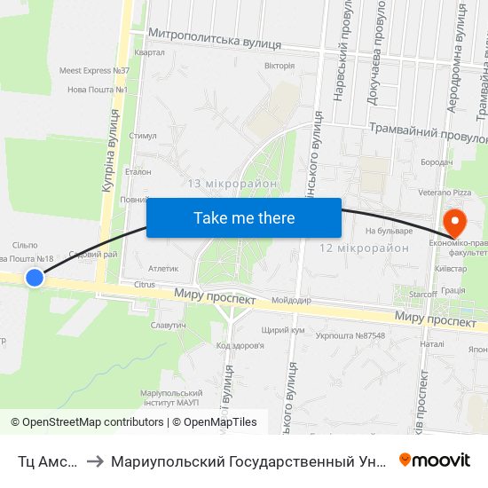 Тц Амстор to Мариупольский Государственный Университет map