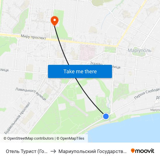 Отель Турист (Готель Турист) to Мариупольский Государственный Университет map