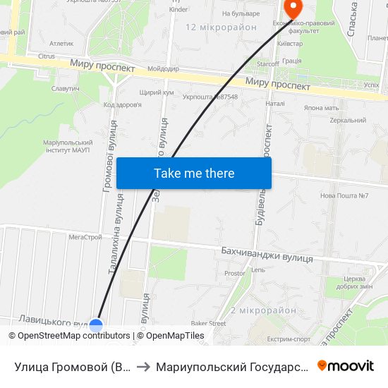 Улица Громовой (Вулиця Громової) to Мариупольский Государственный Университет map