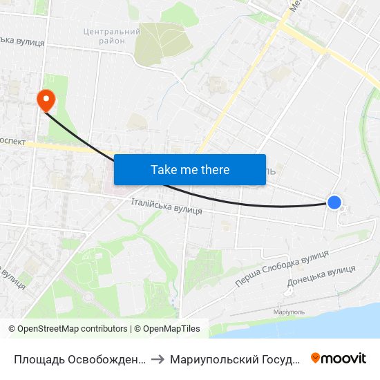 Площадь Освобождения (Площа Визволення) to Мариупольский Государственный Университет map