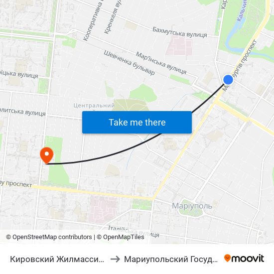 Кировский Жилмассив (Кіровський Житмасив) to Мариупольский Государственный Университет map