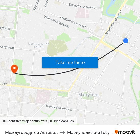Междугородный Автовокзал (Міжміський Автовокзал) to Мариупольский Государственный Университет map